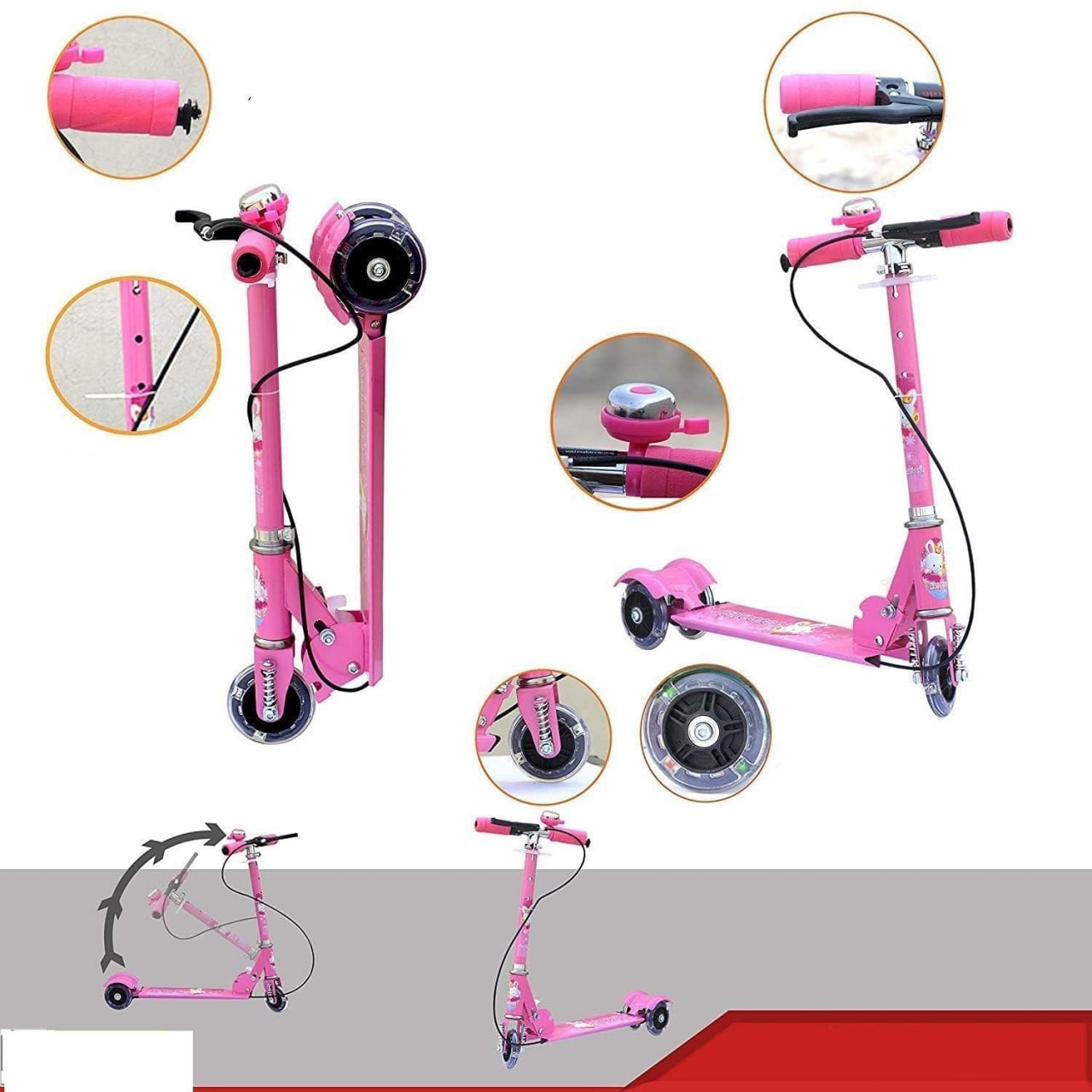 Foldable 3-Wheel Kick Scooter – Adjustable Handlebar, Brake, Bell & Light-Up Wheels KidzlyKids