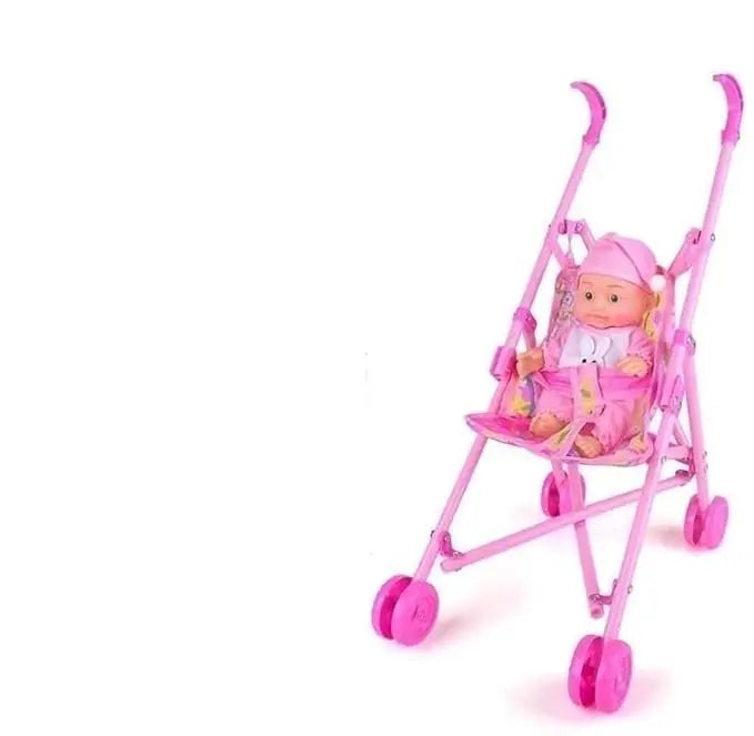 Kids Baby Doll Stroller Toy – Foldable Pram with 2 Dolls (Pink, 55 cm) My Store