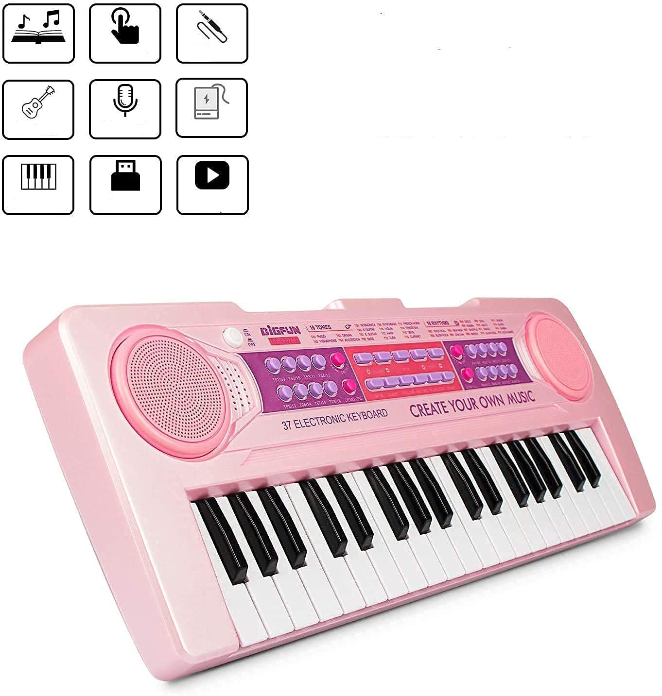 37-Key Kids Electronic Piano – Rechargeable Musical Keyboard with Mic (Pink) KidzlyKids