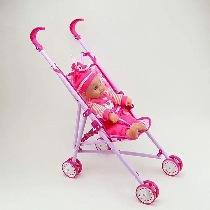 Kids Baby Doll Stroller Toy – Foldable Pram with 2 Dolls (Pink, 55 cm) My Store