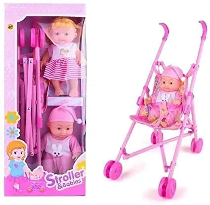 Kids Baby Doll Stroller Toy – Foldable Pram with 2 Dolls (Pink, 55 cm) My Store