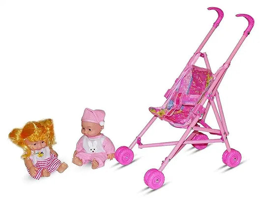 Kids Baby Doll Stroller Toy – Foldable Pram with 2 Dolls (Pink, 55 cm) My Store
