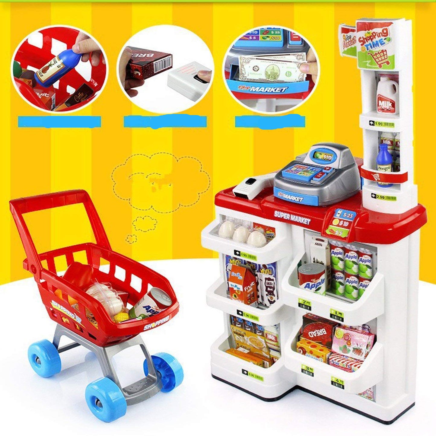 Big Size Supermarket kit for Kids Toys with Shopping cart and Sound Effects Kitchen Set KidzlyKids